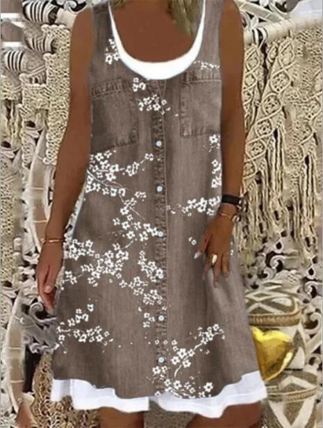 

Plus Size Women Fashion Loose Casual Floral Print Round Neck Sleeveless Summer Dress
