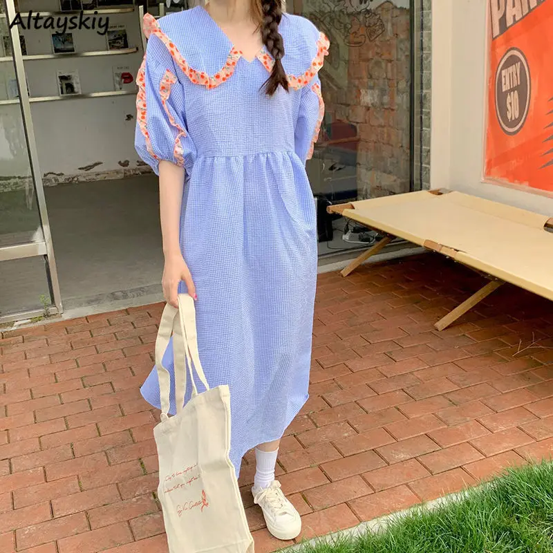 

Футболка с короткими рукавами, женское платье с воротником в стиле «Питер Пэн» в стиле преппи Стиль все-матч летнее клетчатое платье миди пл...