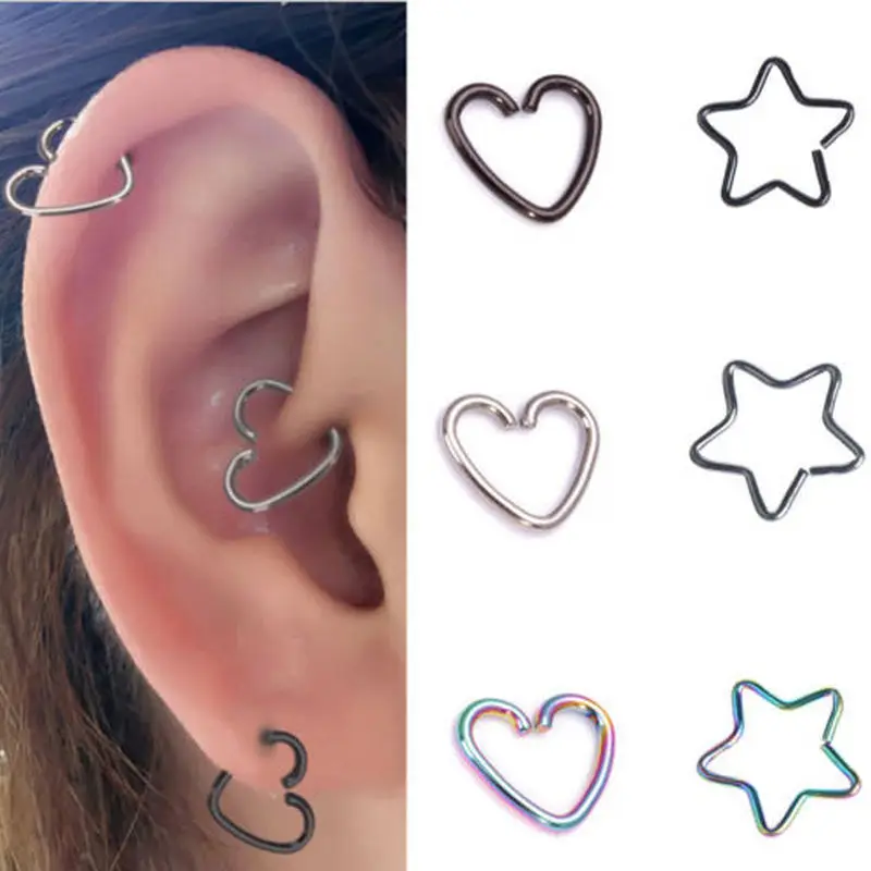 

50pcs 5Color Jewelry Stainless Steel Heart and Star Shape Ring Cartilage Hoop Lip Nose Rings Clip Ear Stud Earring Jewelry