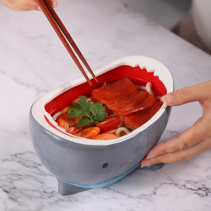 Cuenco de cer&aacute;mica con dise&ntilde;o de tibur&oacute;n para el hogar, recipiente grande de cer&aacute;mica con personalidad creativa, caja de almacenamiento de aperitivos, fruta, dibujos animados-1