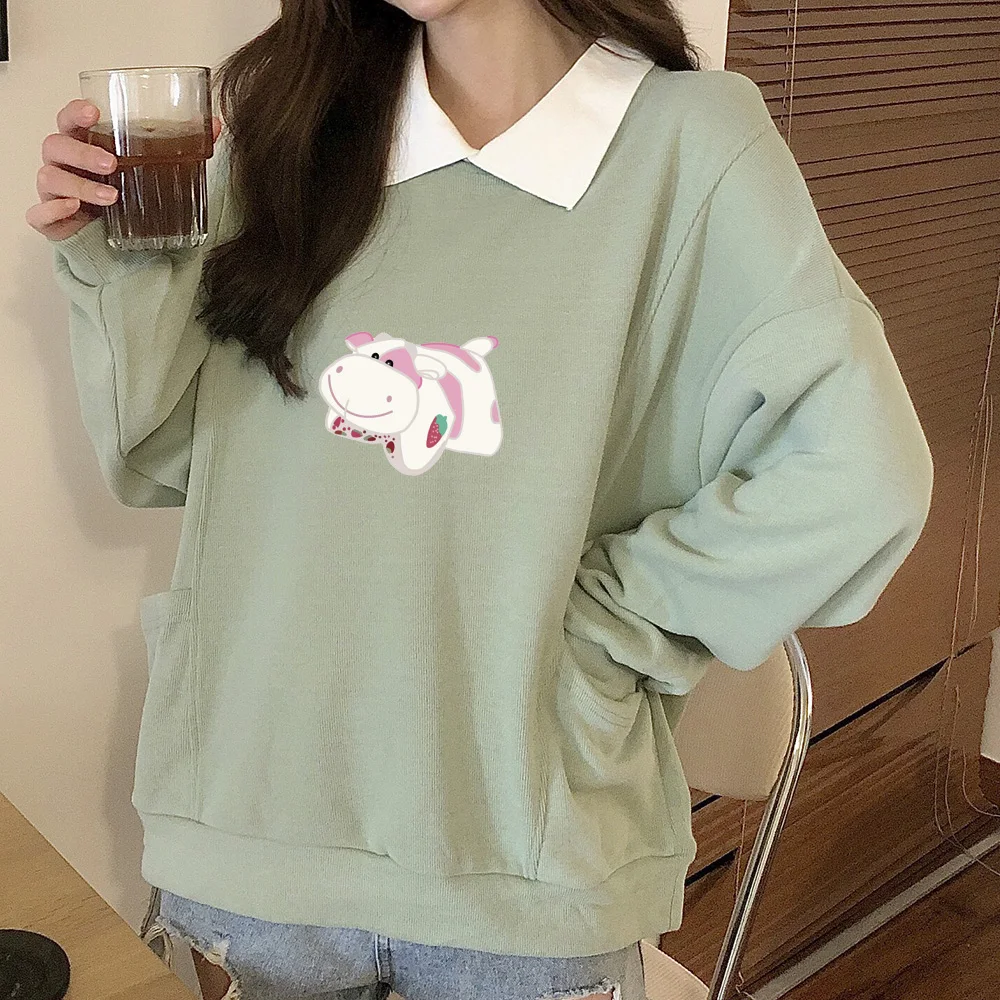 

Женский хлопковый свитшот с карманами, повседневный джемпер с принтом молочной коровы, Свитшот в стиле 90-х, розовые Топы