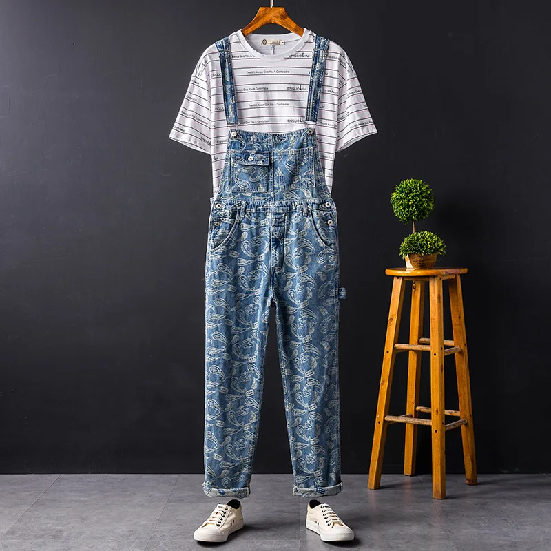 Man Bib Overalls Suspender Pants Retro Printing Jeans Loose Large Size Hip Hop Street Dance Jumpsuits Leisure Denim Trousers