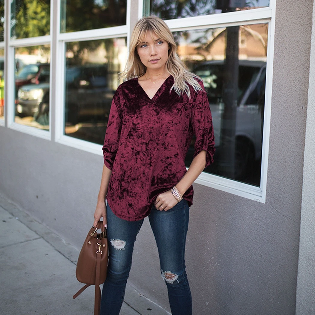 2019 осень весна новые бархатные рубашки с длинным рукавом Свободные топы