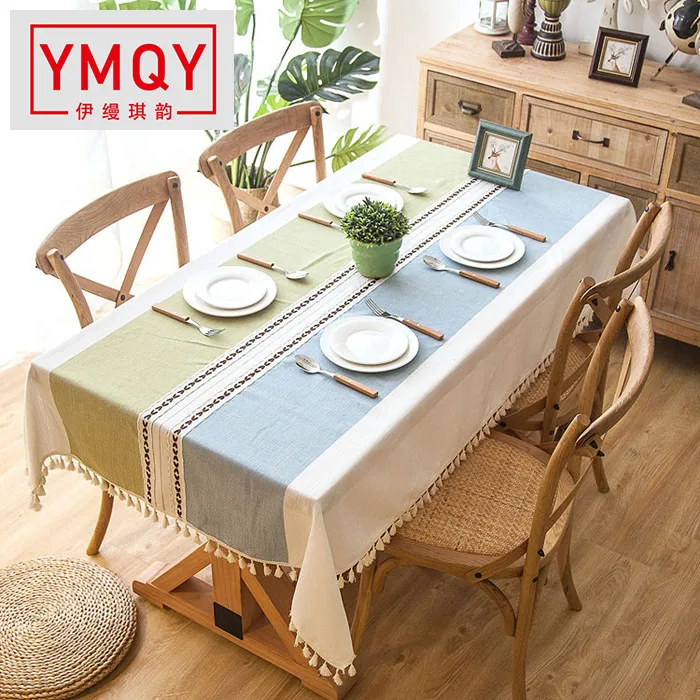 Клетчатая декоративная льняная скатерть с кисточкой водонепроницаемая