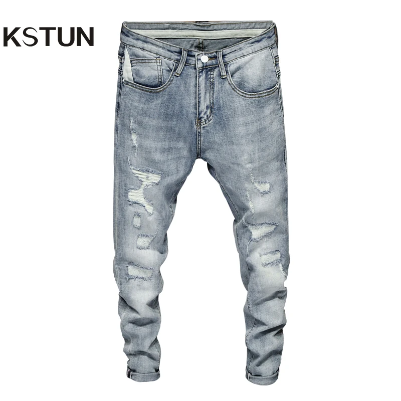 Mens Ripped Skinny Jeans Light Blue Elasticity High Street Wear Hip Hop Patchwork Biker Jeans Male Denim Pants Frayed Homme