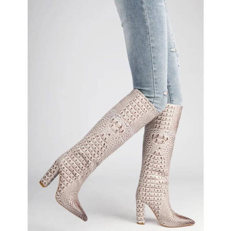 Crocodile Embossed PU Knee-High Boots Women Pointed Toe Slip-On Super High Heels Shoes Luxury Fashion Zapatos De Mujer | Обувь