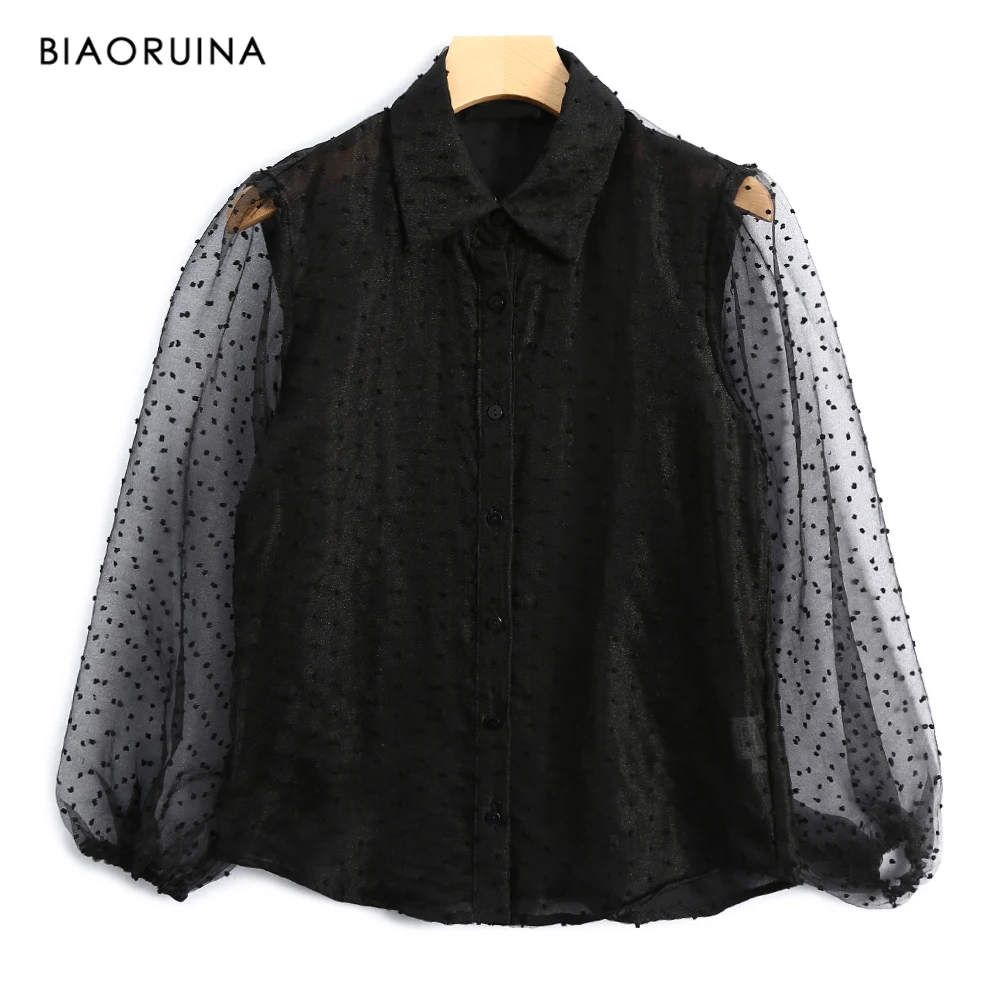 BIAORUINA Женская Сексуальная однобортная черная жаккардовая прозрачная рубашка в