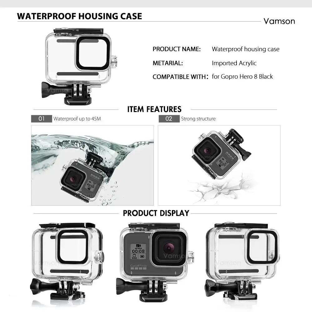 vamson for gopro accessories set for go pro hero 8 black waterproof housing case backpack clip for gopro 8 action camera vs156 free global shipping