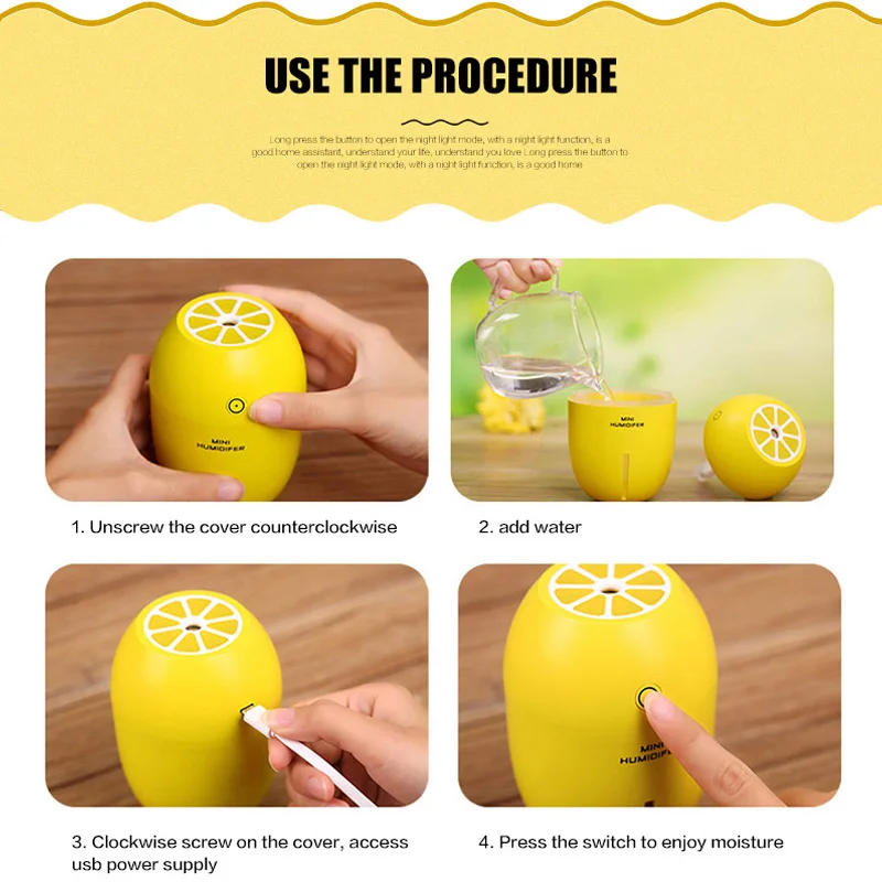 

NEWKBO Mini USB table Lamp LED kids Night light with 180ml Air Humidfier Lemon Aromatherapy Diffuser for Home with Air Purifier