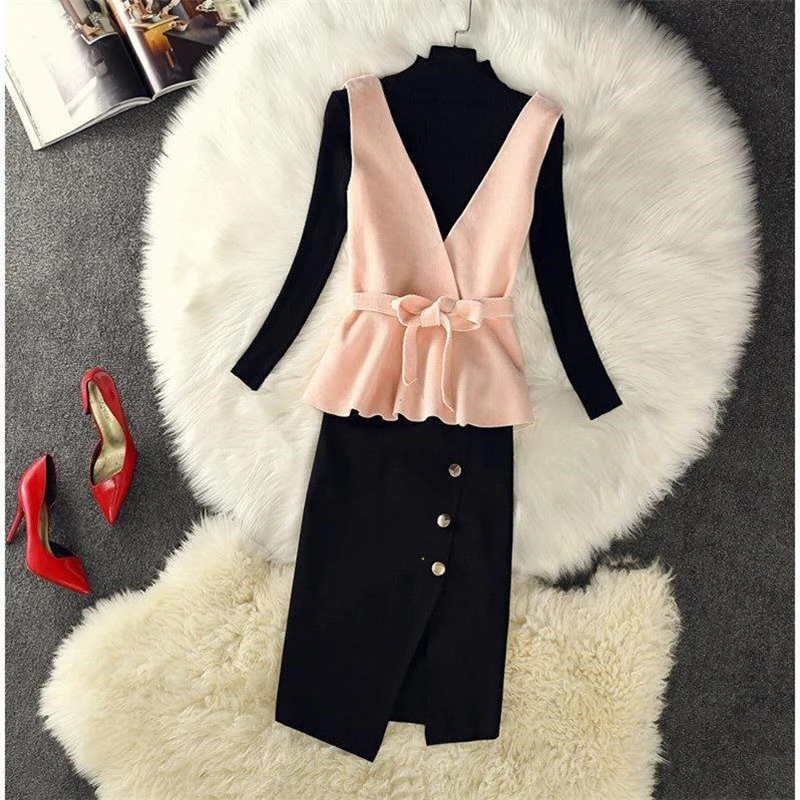 Women's Autumn New Korean Fashion Suit Three-piece Waistcoat + Knitted Top High Waist Bag Hip Skirt Female Sets |