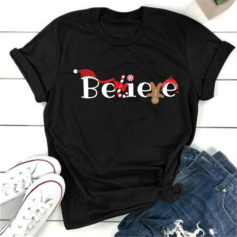 

Christmas Believe Letter Print Women T Shirt Short Sleeve O Neck Loose Women Tshirt Ladies Tee Shirt Tops Camisetas Mujer