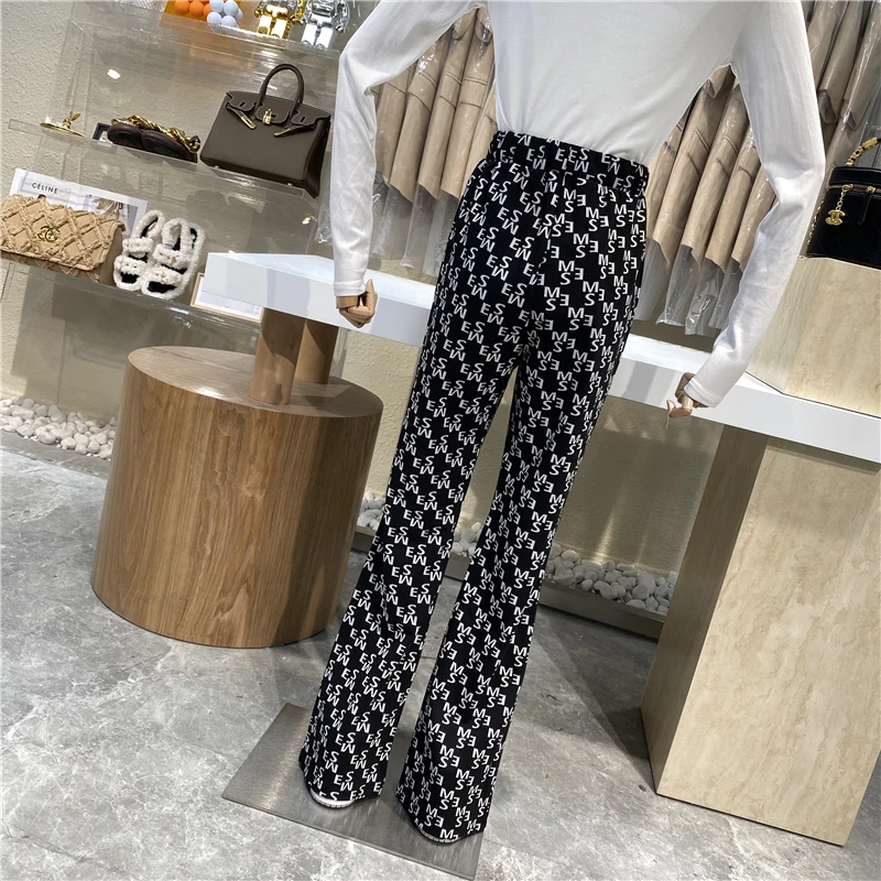 

High Waist Letters Printed Wide Leg Pants 2021 Spring and Summer Slimming Slit Pants Casual Capris