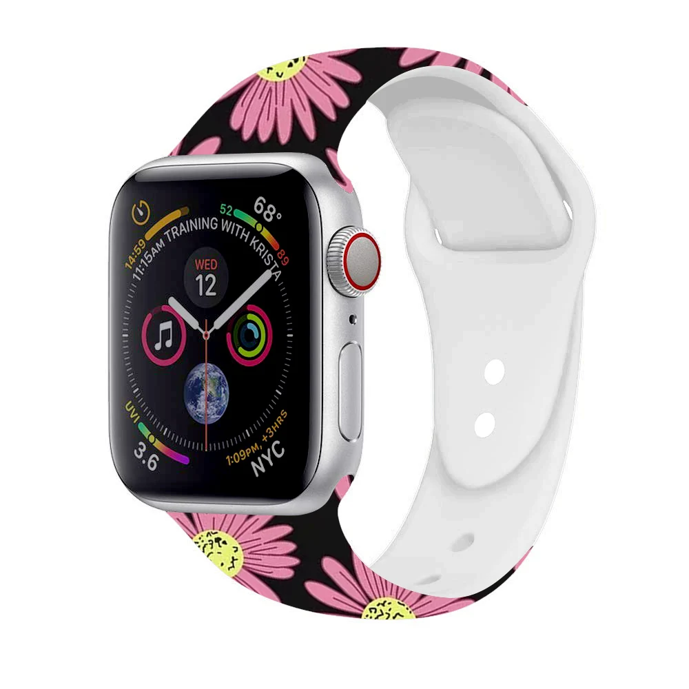 Рождественский подарок, ремешок для Apple watch 5, 4, 3, 2, 1, полосы 40 мм, 44 мм, силиконовый ремешок с цветочным принтом для iWatch Series 5, 4, 3, 2, 38 мм, 42 мм