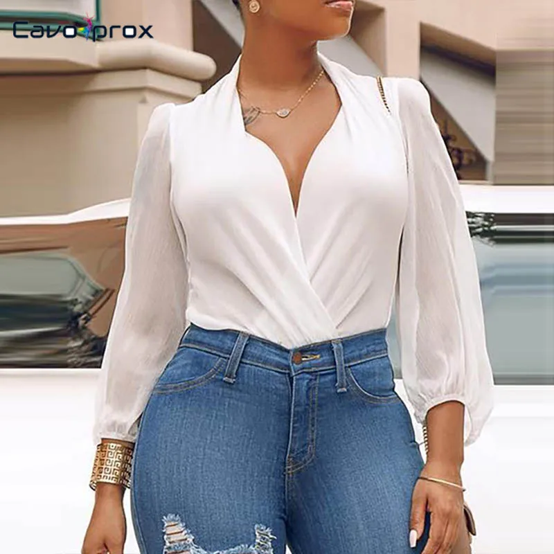 Женские шифоновые боди с длинным рукавом и v-образным вырезом сексуальные