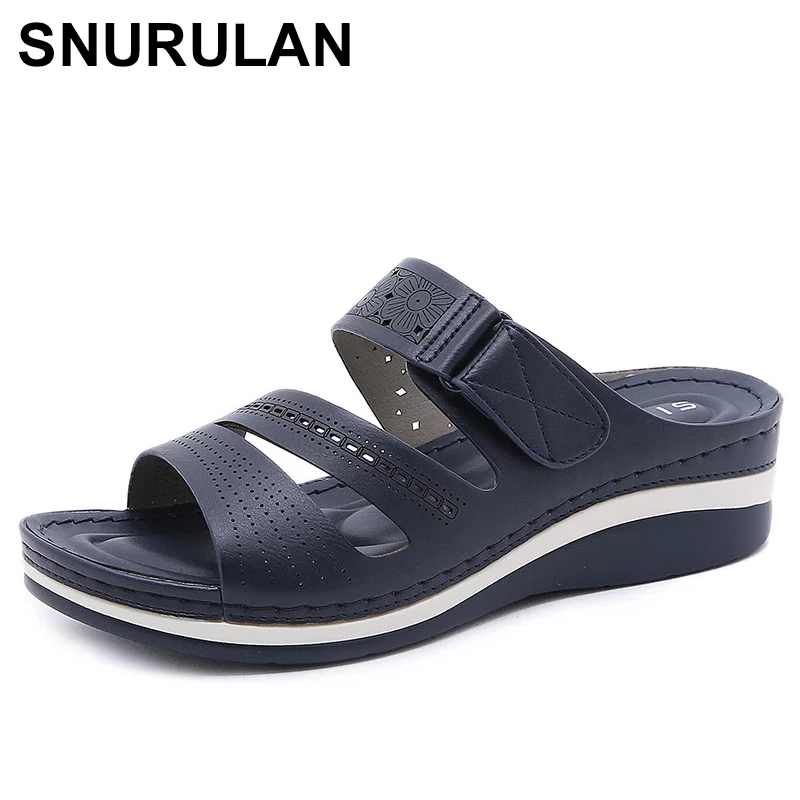 

SNURULAN 2022 Women Slippers, PU Leather Shoes Comfy Platform Flat Sole Ladies Casual Soft Sandal Shopping Flat Sole Sandal