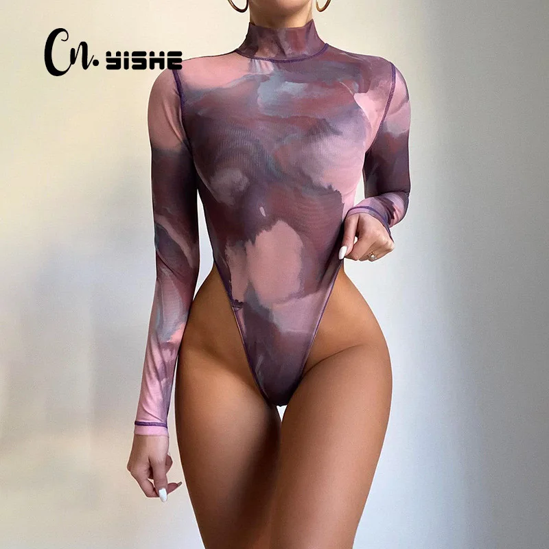 

CNYISHE 2021 Long Sleeve Turtleneck Skinny Bodysuit Spring Women Overalls Sexy Tie Dye Print Romper Female Jumpsuits One Piece