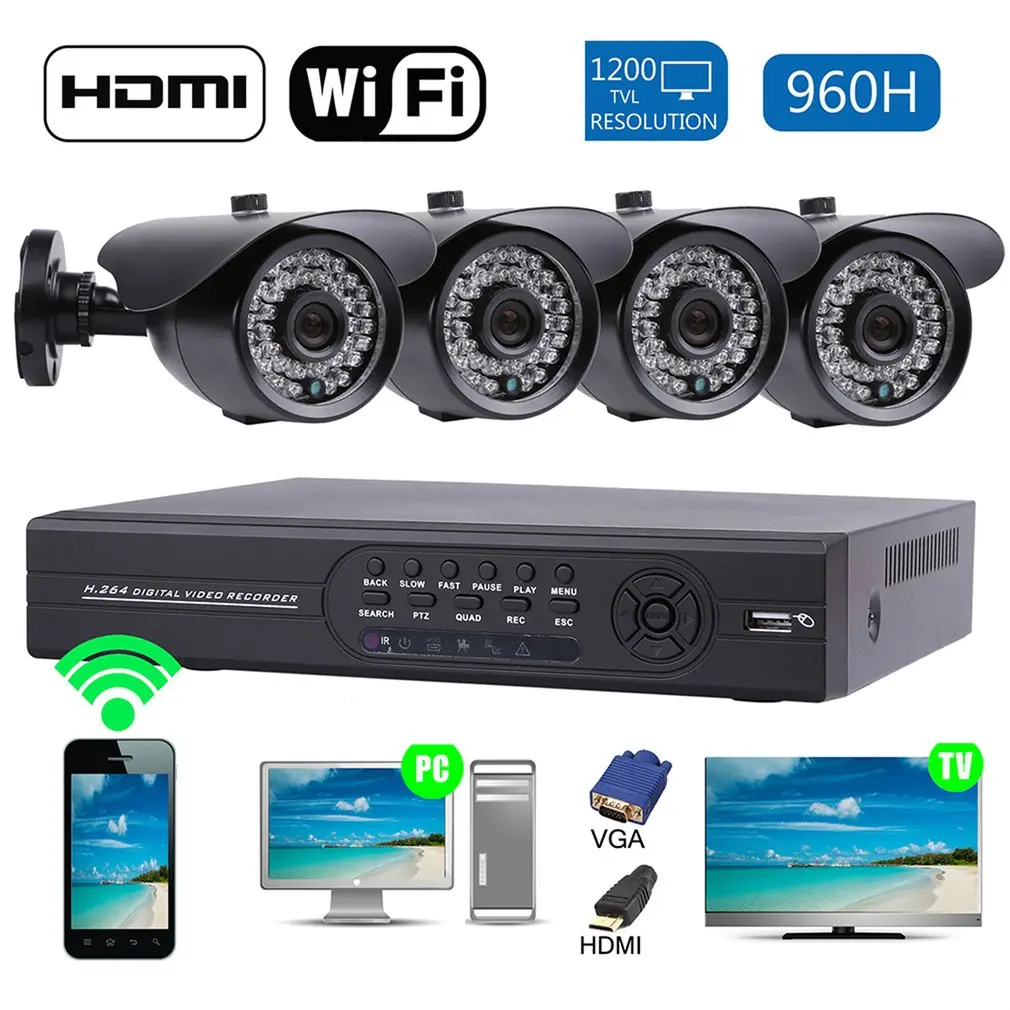 8CH 960H/D1 DVR и 4 наружные COMS/1200TVL HDMI уличные домашние камеры безопасности Комплект ЕС