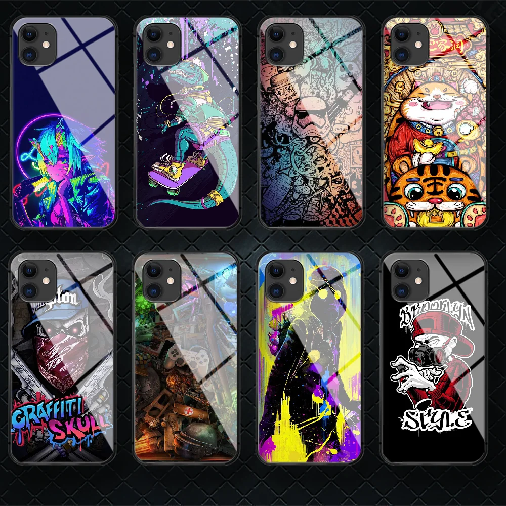 

Street Artisc Graffiti Tempered Glass Phone Case Cover For IPhone 5 6 7 8 11 12 S Plus Xr X Xs Pro Max Mini Se 2020 Black Black