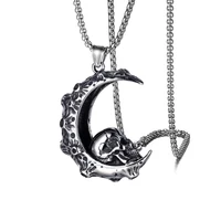 european and american creative personality skull moon titanium steel retro hip hop crescent pendant necklace