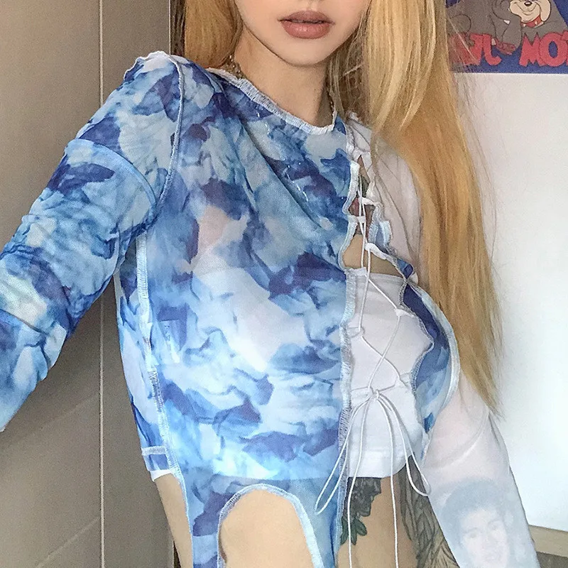 

HIRIGIN T-shirt Women Spring Sexy Long Sleeve Harajuku Tie Dyeing Hollow Out T-shirts Crop Top Basic White Wrapped Chest Tube