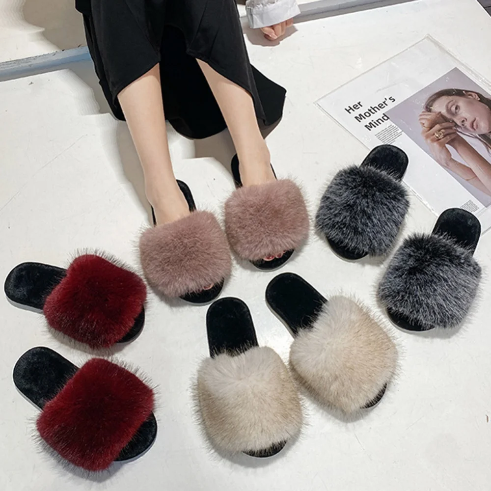 

Furry Slides For Women Casual Fluffy Slippers With Fur Flat Non-Slip Fox Fur Large Size Shoes Fur Sandals
