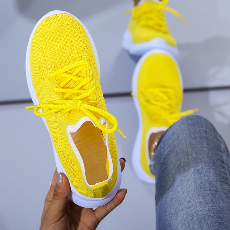 

2021 New Women's Sneakers Breathable Mesh Casual Flat Running Shoes Women Knitted Lace Up Vulcanized Shoes Ladis Flats Female 43