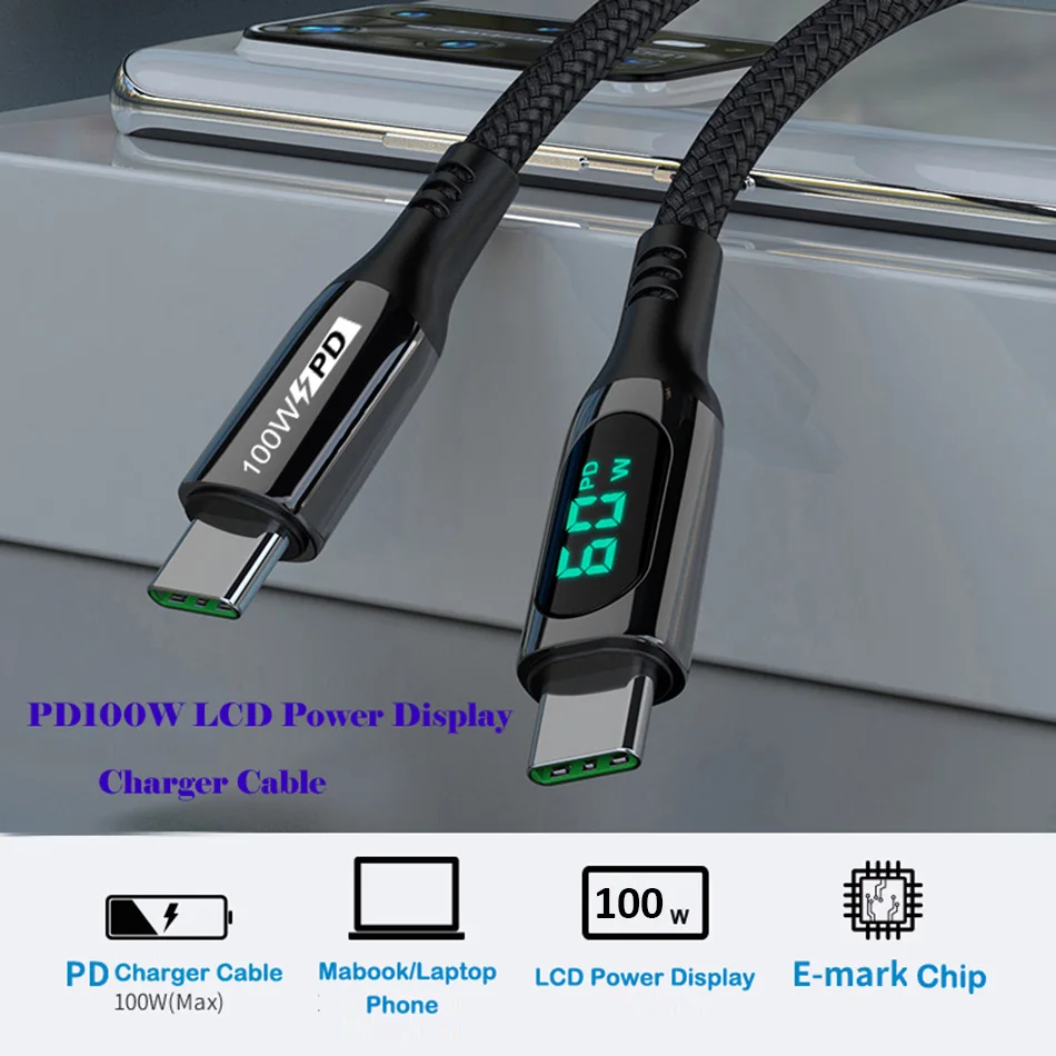 1 шт./лот USB C кабель 100 Вт с ЖК-дисплеем новый нейлоновый для быстрой зарядки типа