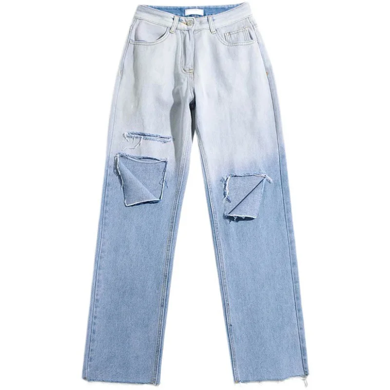 

Spice Girl's Gradual Change Jeans Women's High Waist Thin Straight Leg Pants Loose Retro Perforated Beggars' Pants Baggy Jeans