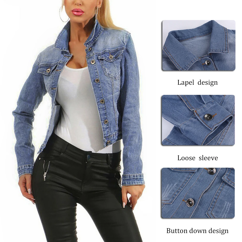 

Littlerossa Women Jacket Frayed Denim Bomber Jacket Jean Basic Button Up Casual Vintage Outwear Autumn Fashion Coat Streetwear