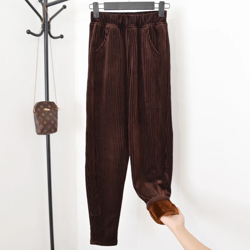 Женские шаровары в полоску вельветовые с высокой талией свободные плотные штаны