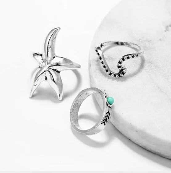 3pcs/Set Vintage Antique Silver Starfish Wave Arrow Knuckle Finger Midi Rings Set for Women Bohemia Ring Jewelry | Украшения и