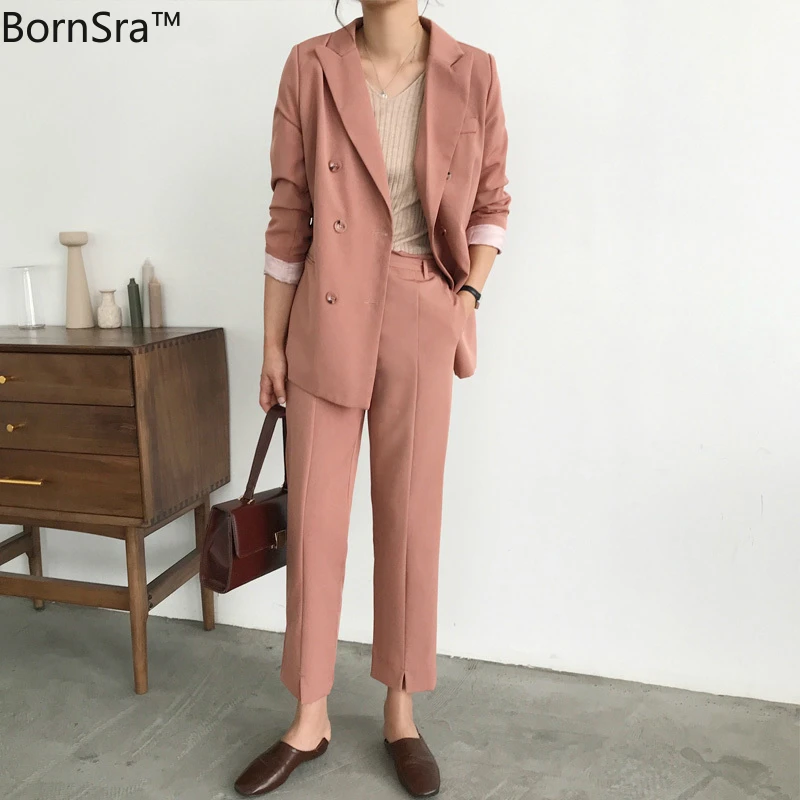 BornSra модные Комплект из 2 предметов женский брючный костюм двубортный Notch жакет с