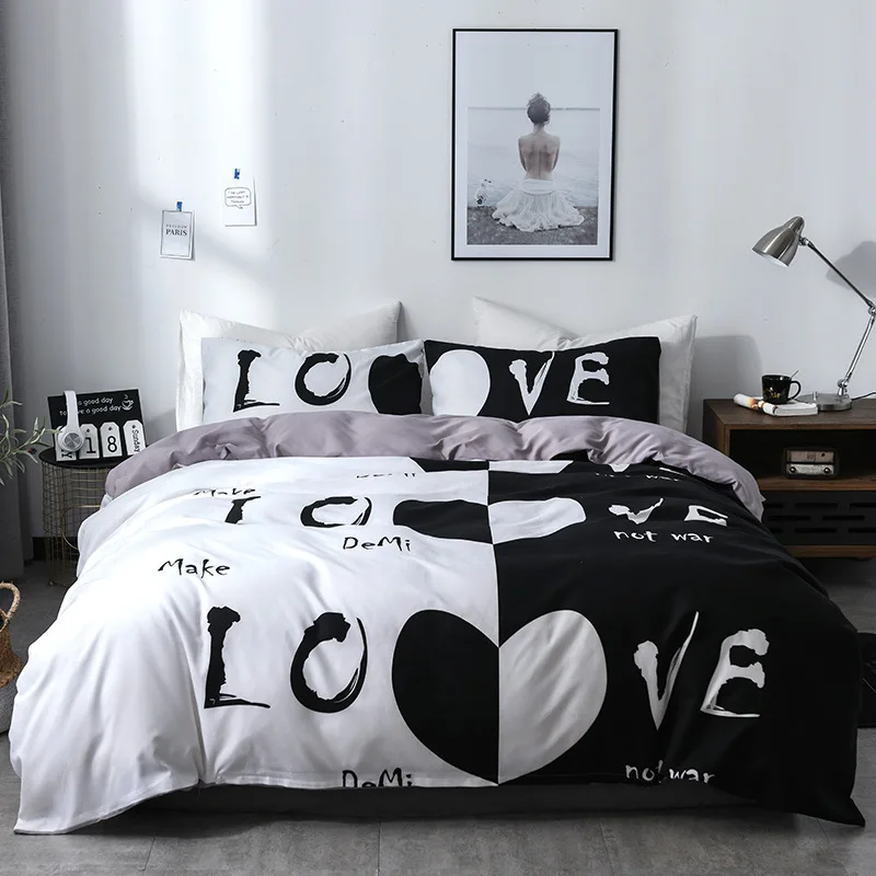 

Couple Love King Qween Bedding Set Simple Style Bed Quilt Comforter Printed Duvet Cover Set Double Bedding Cloth