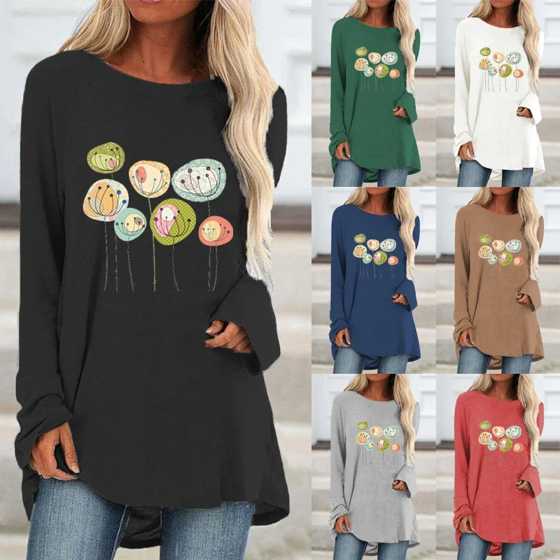 

Autumn and Winter the New Fashion Women Printing Graphic Tee Elegent Long Sleeve Round Neck Loose Casual Shirt Plus Size