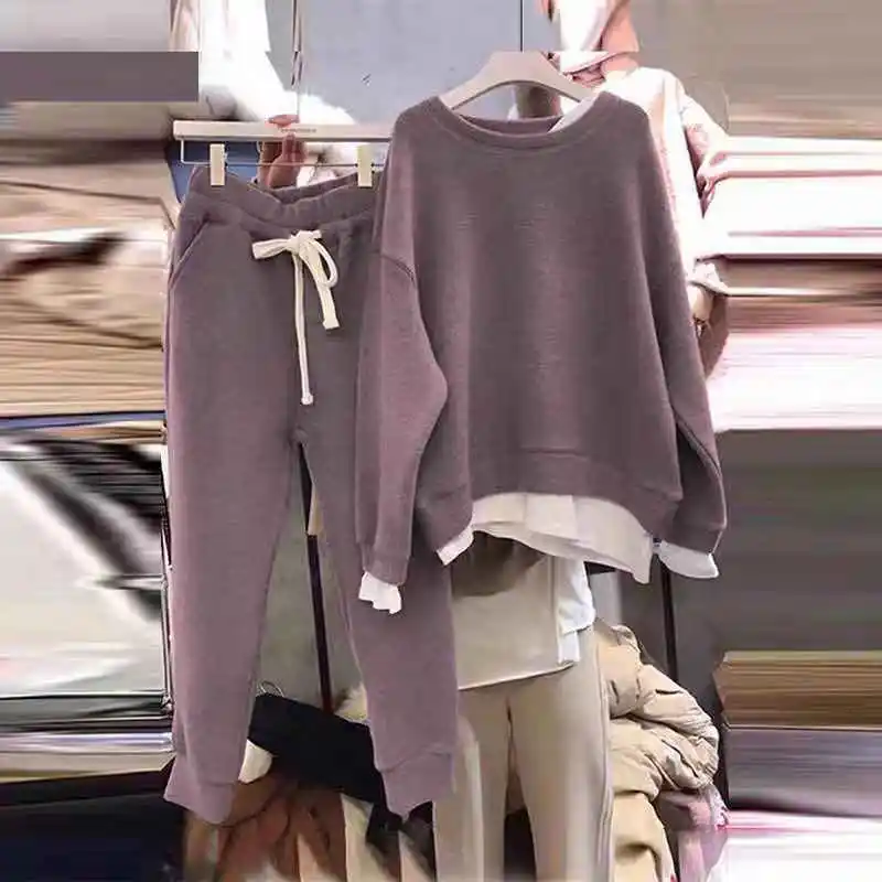 purple SuperAen/повседневные женские комплекты в Корейском стиле; Новинка года; сезон осень-зима; толстовки с капюшоном из хлопка; женские повседневные брюки - Цвет: purple