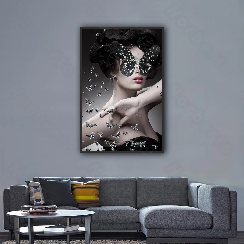 

European Woman with Butterfly Glasses Canvas Art Painting Wall Poster and Many Butterflies Flying Around for Home Room Decoratio