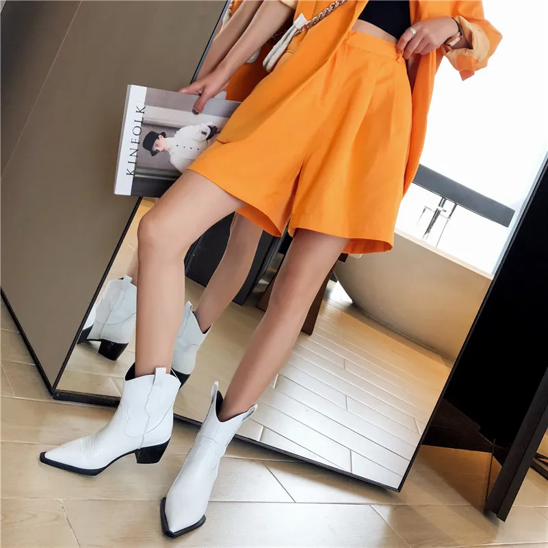 Buono Scarpe/Новинка; Брендовые женские ботильоны с острым носком на квадратном каблуке; классические ковбойские ботинки без застежки; модные вечерние офисные туфли в стиле панк