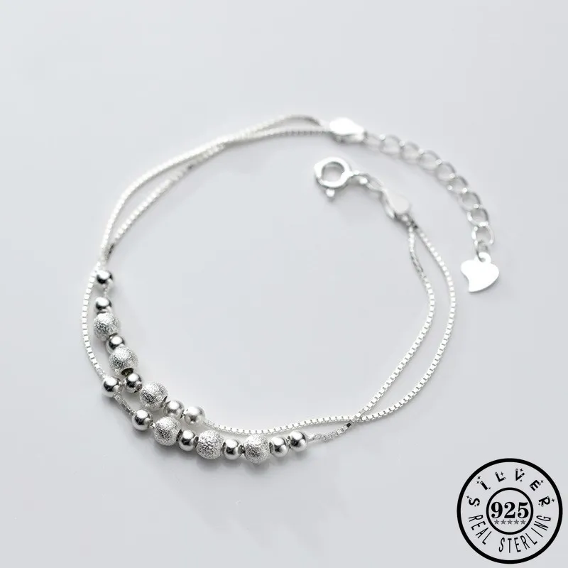 

925 Sterling Silver Small Round Ball Shape Statement Double Layer Chain Hand Charm Party Bracelet Fine Jewelry for Women Lady