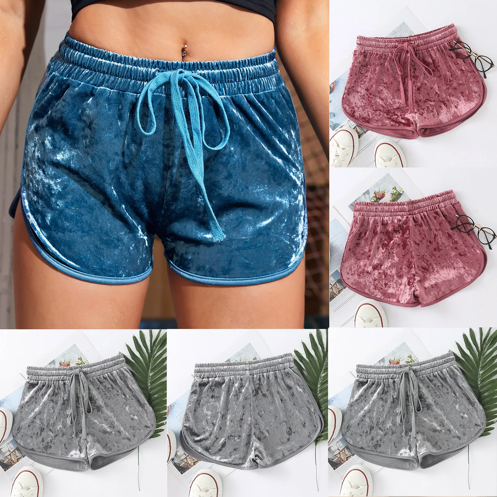 

summer shorts Women Solid Color Mid Waist Velvet Shorts Pants Ladies Fashion Workout Sports Casual Beach Shorts ropa mujer