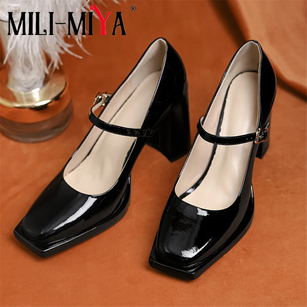 MILI-MIYA New Arrival Women Cow Leather Pumps Square Toe Thick Heels Solid Color Buckle Strap Big Size 34-40 Spring Autumn Shoes