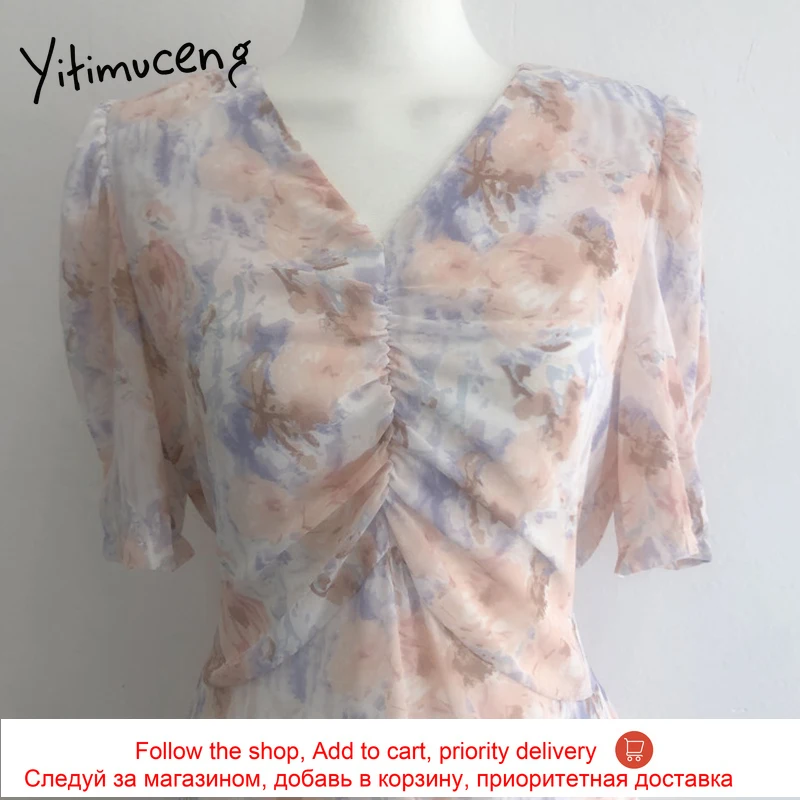 

Yitimuceng Boho Floral Print Dresses for Women Fashion High Waist Folds Chiffon Midi Dress Yellow Pink Sundress 2021 Summer New