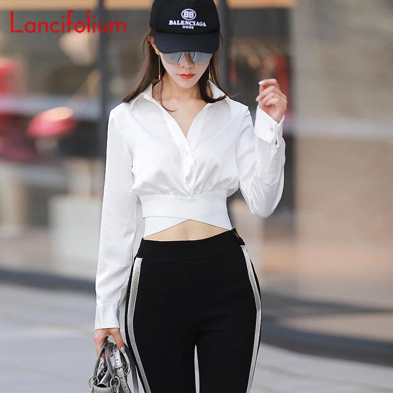 Белая блузка для женщин с длинным рукавом укороченная шелковая атласная рубашка