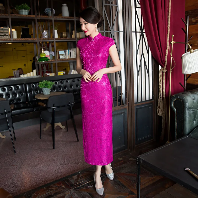 

Hot Pink Lady Lace Floral Novelty Cheongsam Skirt Wedding Party Straight Qipao Gown Bead Mandarin Collar Chinese Dress S-4XL