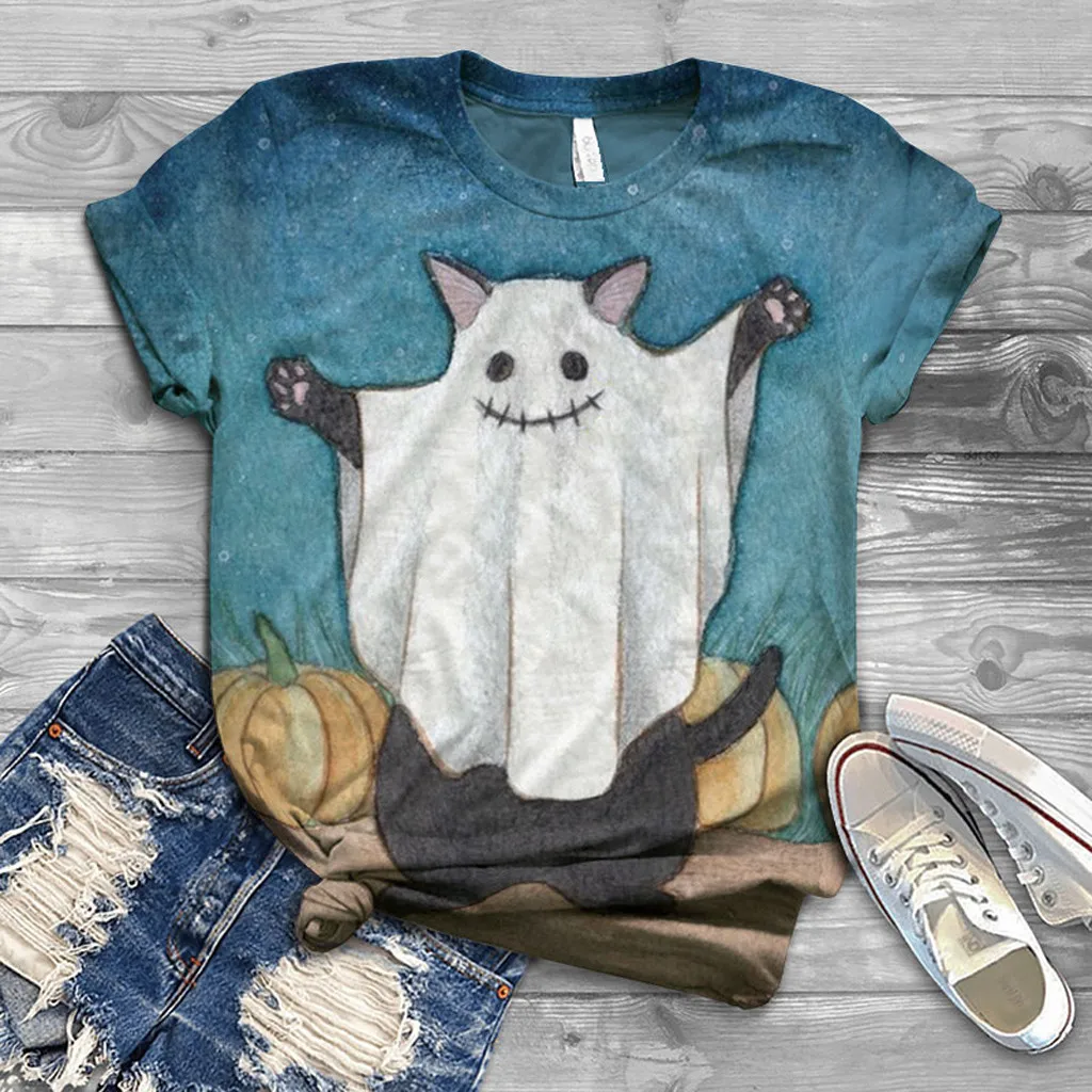 Женская футболка с принтом Spooky коротким рукавом и круглым вырезом для
