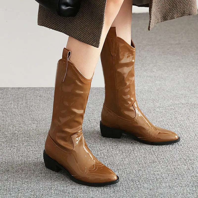 

Women Patent Leather Slip On Mid Calf Boots Fashion Pointed Toe Western Boots Comfort Thick Heel Autumn Winter Short Boots Lady