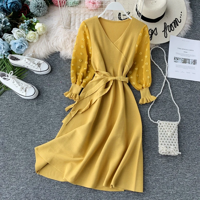 Женское трикотажное платье свитер элегантное шифоновое облегающее с длинным