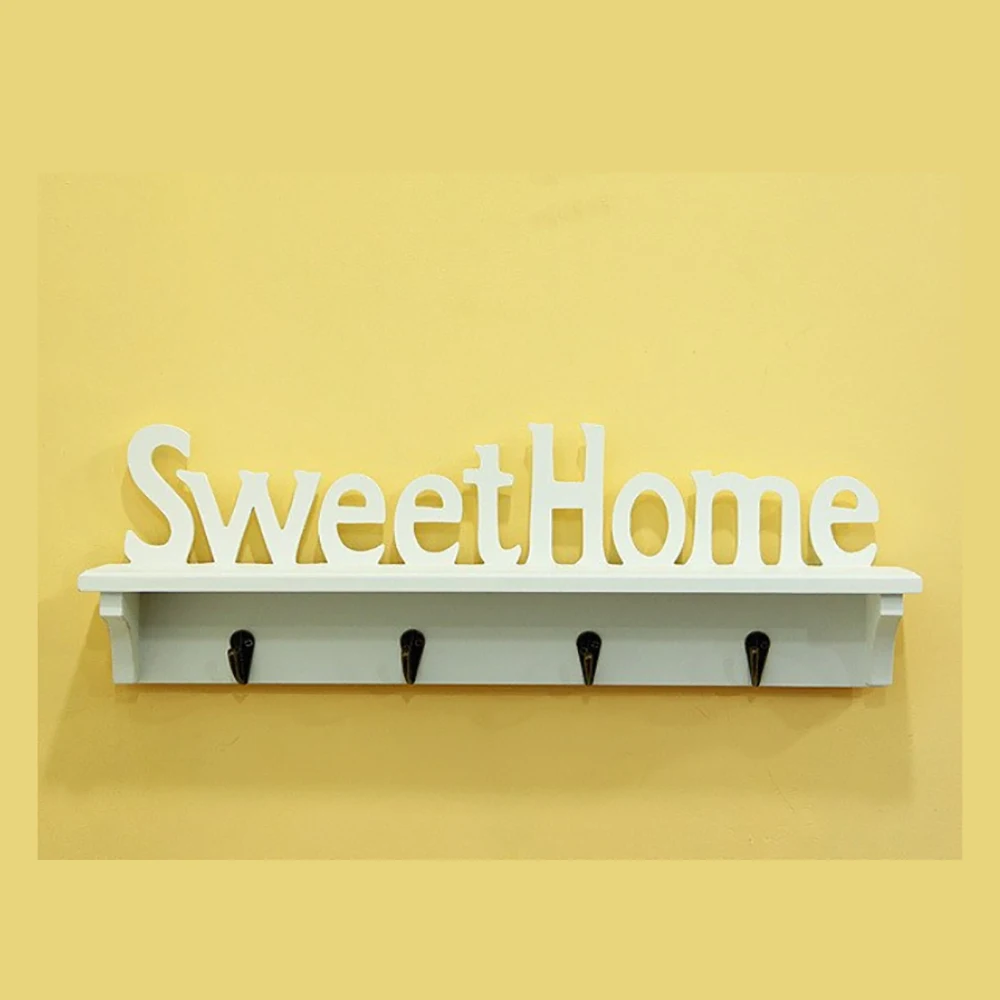 

1Pc Sweet Home Words 4 Hooks Shelves Hat Key Holders Storage Shelf Hanging Hooks Wall Mounted Rack Home Storage Holder