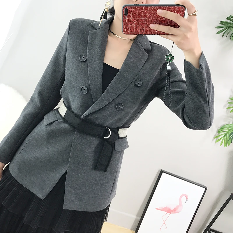 Женский офисный пиджак в британском стиле Осенний двубортный повседневный серый