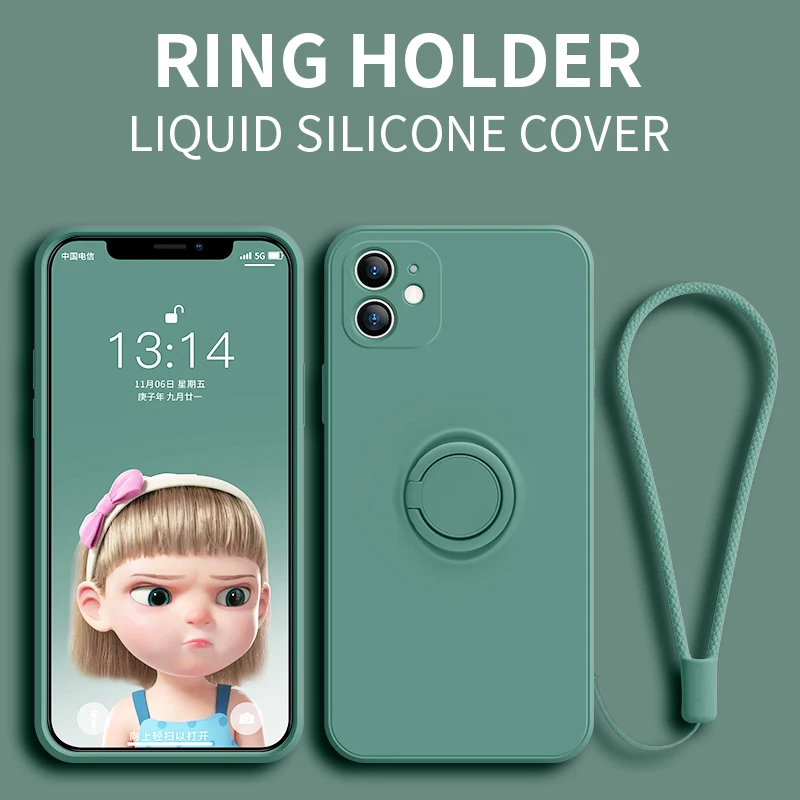 

Роскошный чехол с магнитным кольцом-держателем, подставка, мягкий жидкий силиконовый чехол для iPhone 12 11 Pro Max Mini SE 2020 X XS XR 8 7 Plus, чехол, чехол