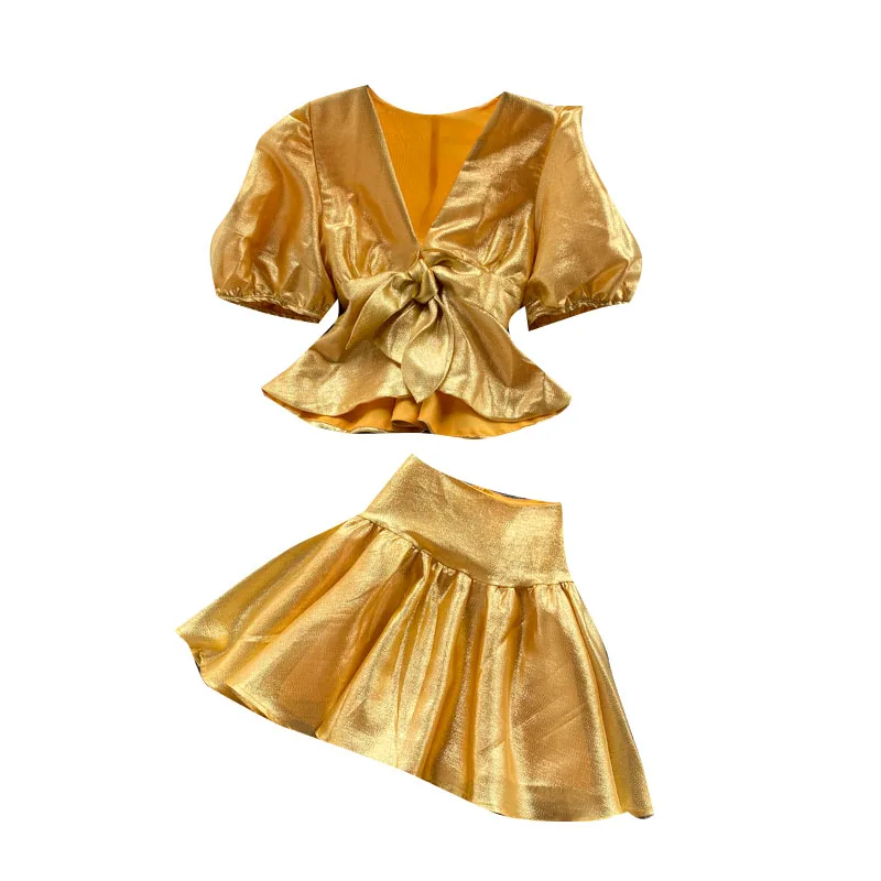 

Women's Summer New Fashion 2021 V Neck Short Sleeve Solid Color Short Shirts Tops + Skirt Two Piece Sets S939